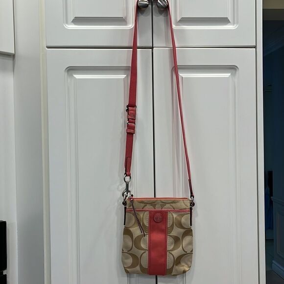 Coach Salmon Pink and Tan Logo Crossbody Bag - Picture 2 of 9